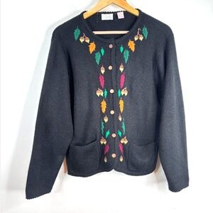 VTG 90s Embroidered Leaves Cardigan L Black Whimsigoth Boho Granny Fall Witchy